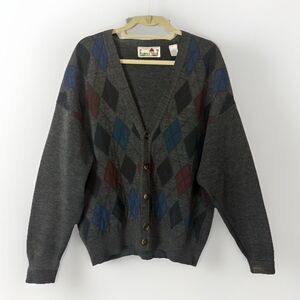 Vtg 90s Cardigan Sweater Florence Tricot Italian Wool Argyle Grandpa Academia